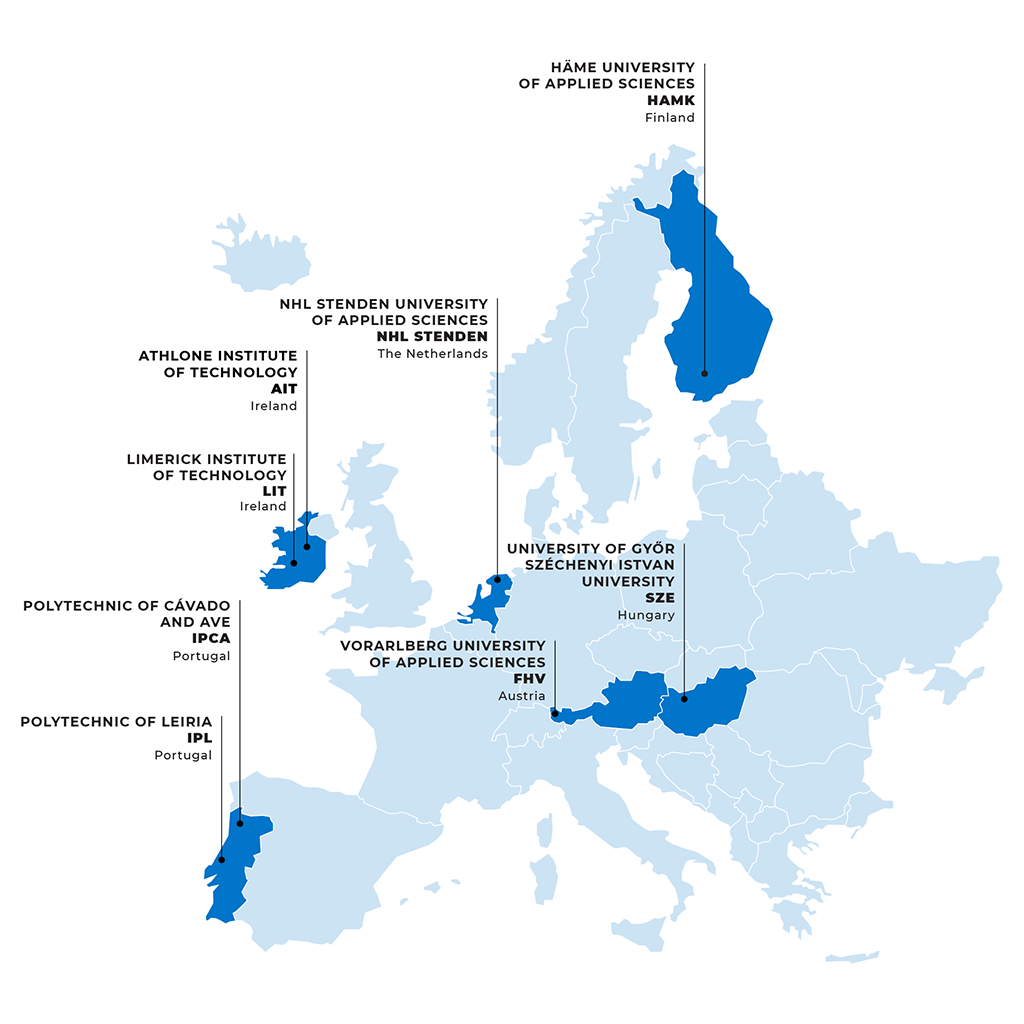 This image shows a map of Europe that highlights the countries where RUN-EU's higher education institutions are located.
Portugal: Polytechnic of Leiria (IPL); Polytechnic of Cávado and Ave (IPCA).
Ireland: Limerick Institute of Technology (LIT); Athlone Institute of Technology (AIT).
Finland: Häme University of Applied Sciences (HAMK).
The Netherlands: NHL Stenden University of Applied Sciences (NHL Stenden).
Austria: Vorarlberg University of Applied Sciences (FHV).
Hungary: University of Győr – Széchenyi Istvan University (SZE).